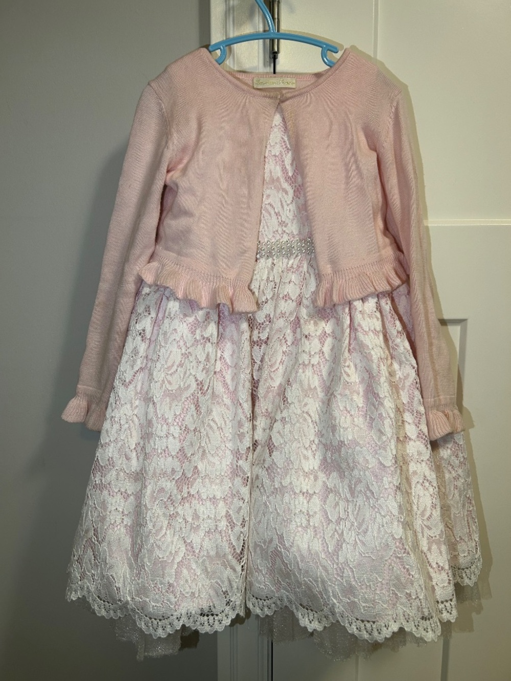 American Princess - Floral Lace - Size 5 - Solid Midi Dress + Cardigan - Pink - Picture 7 of 12